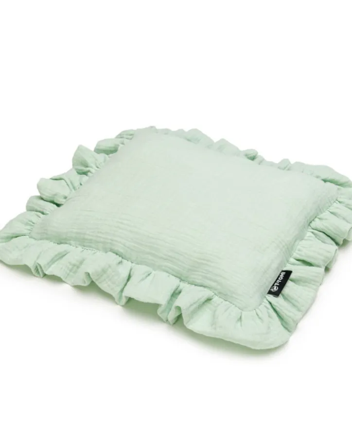 Organic muslin pillow with ruffle mint