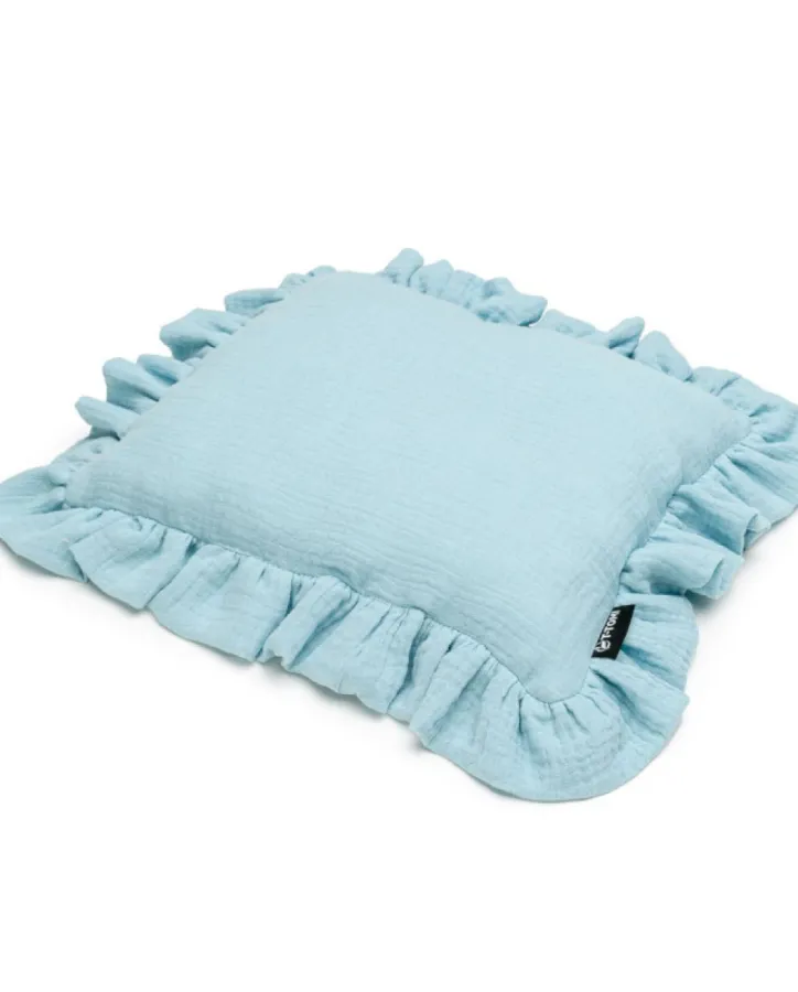 Organic muslin pillow with ruffle blue