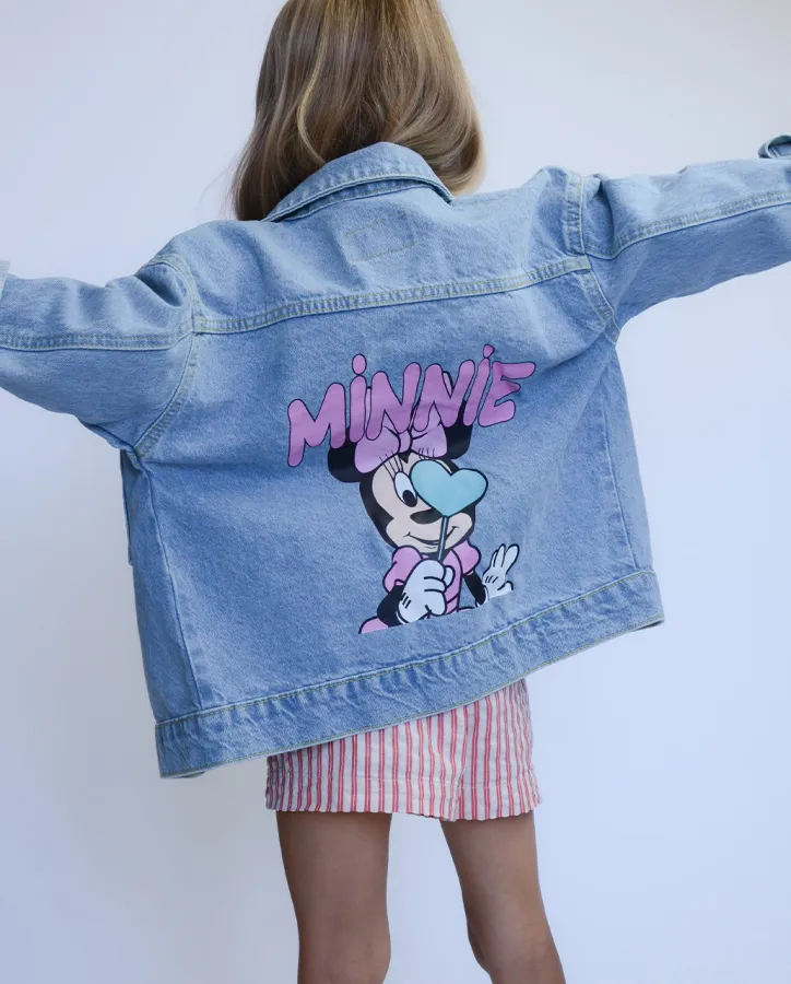 Džínová bunda světle modrá, na zádech potisk minnie