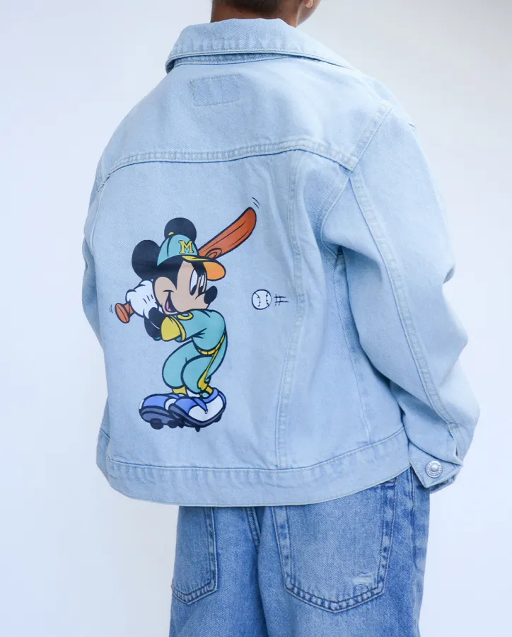 Džínová bunda světle modrá, na zádech potisk mickey