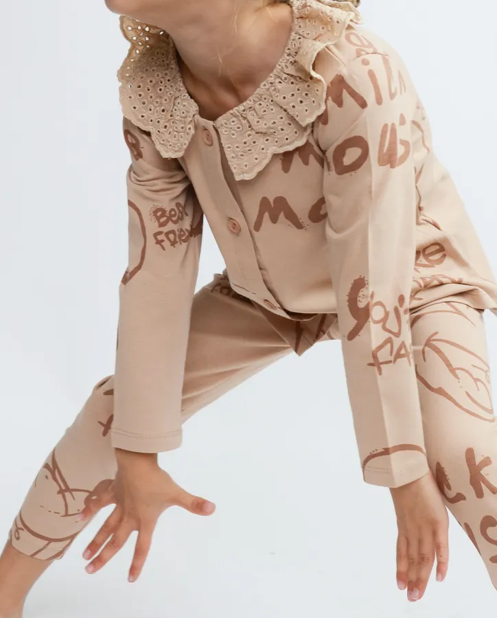Set brown shirt with collar, leggings, Mickey print